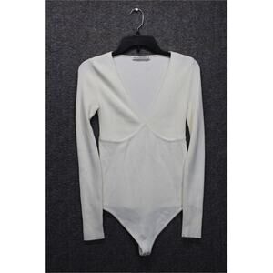 Abercrombie Women’s Small V Neck Ribbed Bodysuit Cream Long Sleeves